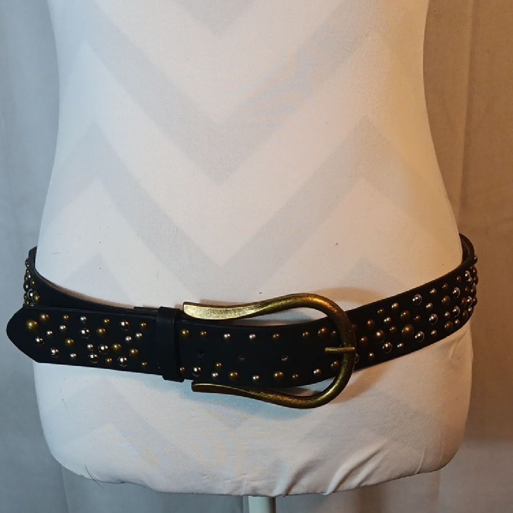 Studded Black Faux Leather Belt with Brass Buckle